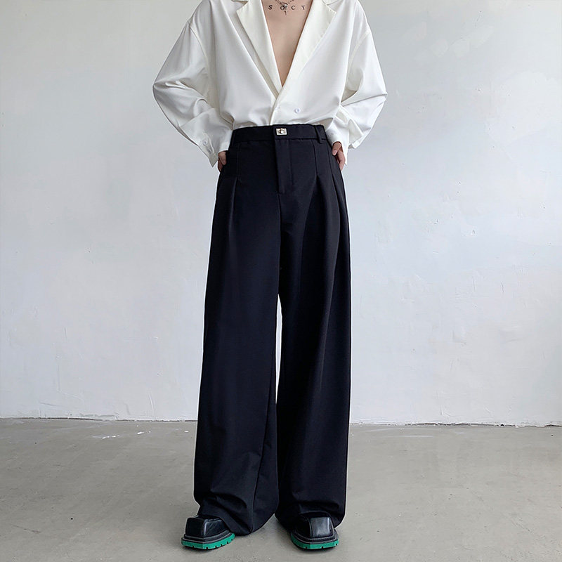 Niche drapey black suit pants for men, high-end metal buckle design, loose wide-leg casual pants
