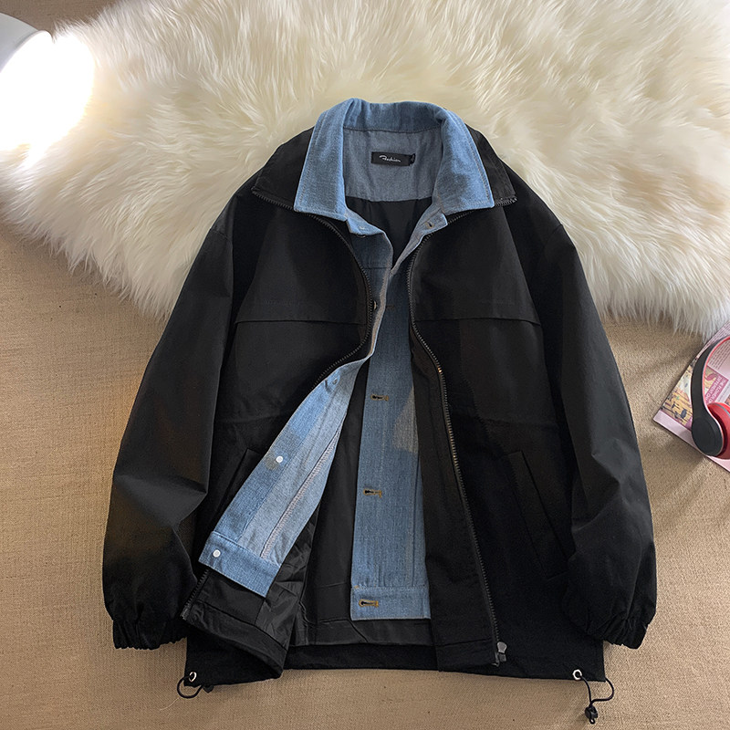 Blanket-fake two-piece coat trendy brand handsome casual stand-up collar jacket top