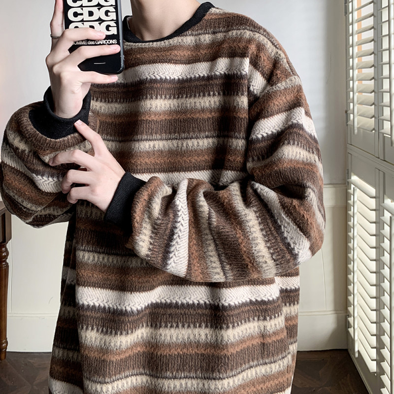Autumn and winter heavyweight sweatshirt ethnic style striped woolen jacket Japanese style sweatshirt Hong Kong style large size