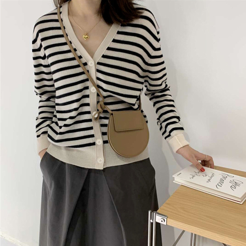 Striped cardigan sweater, long sleeve inner layer, women's top, early autumn outer layer, thin coat