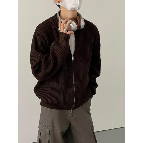 Autumn and winter Korean style lazy style zipper loose sweater cardigan men's retro solid color jacket trend