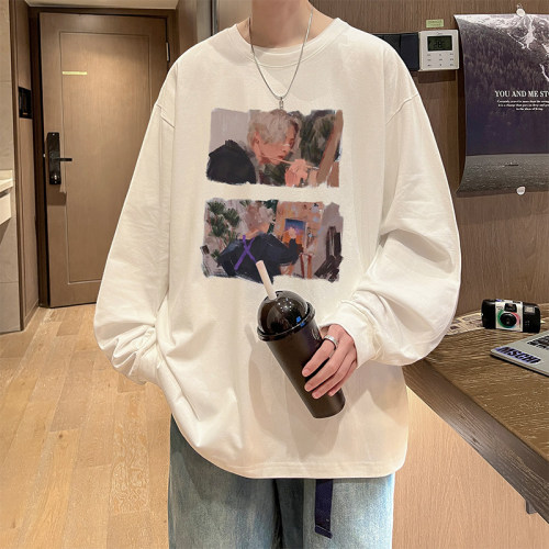 Live broadcast quality Autumn and winter heavyweight trendy brand hip-hop American printed cotton long-sleeved T-shirt bottoming shirt