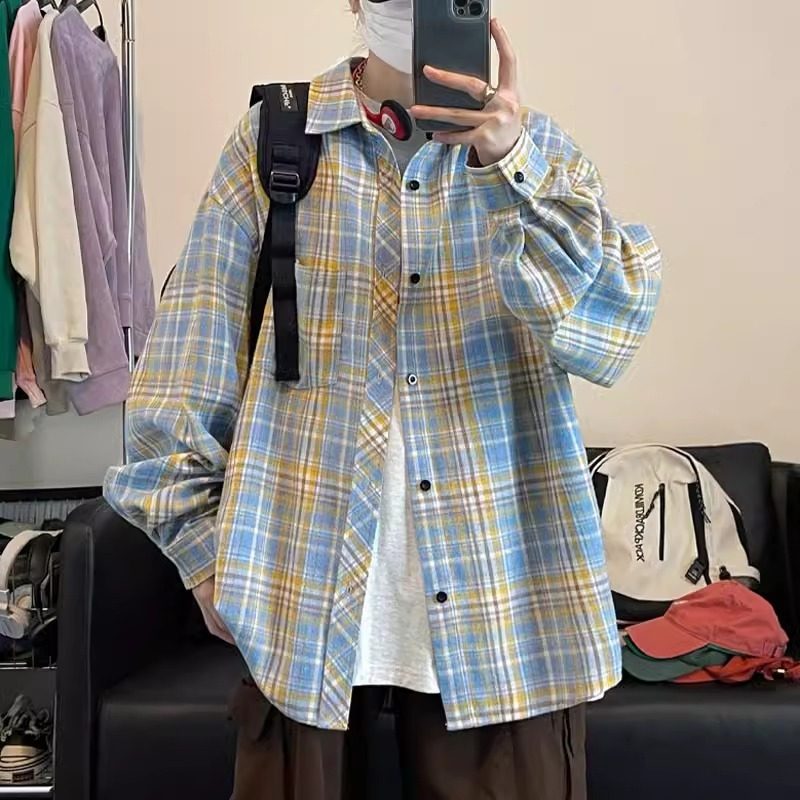 In stock plaid shirt men's long sleeve spring and summer new Hong Kong style retro high street ins trendy brand casual loose lining