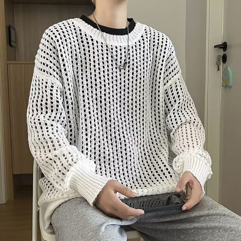 Autumn niche hollow design round neck sweater layered with loose casual thin coat