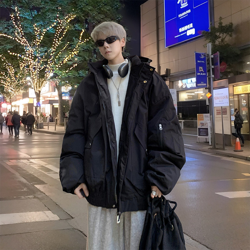 Men's new winter Hong Kong style loose hooded thickened cotton coat with pile sleeves