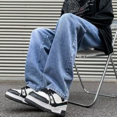 High Street Drawstring Jeans Men's Spring and Summer Trendy Brand Versatile Loose Casual Distressed Wide Leg Pants