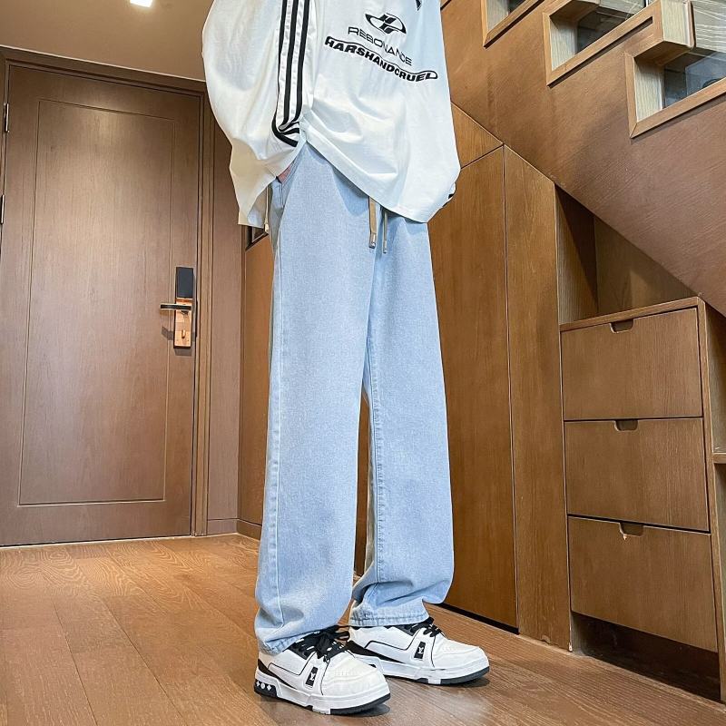 American literary men's solid color embroidered logo straight jeans washed drawstring elastic casual pants