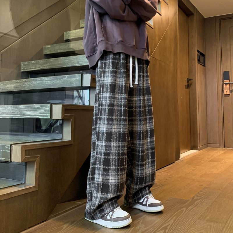 Woolen plaid trousers extra large wide leg trousers straight trousers American retro casual trousers