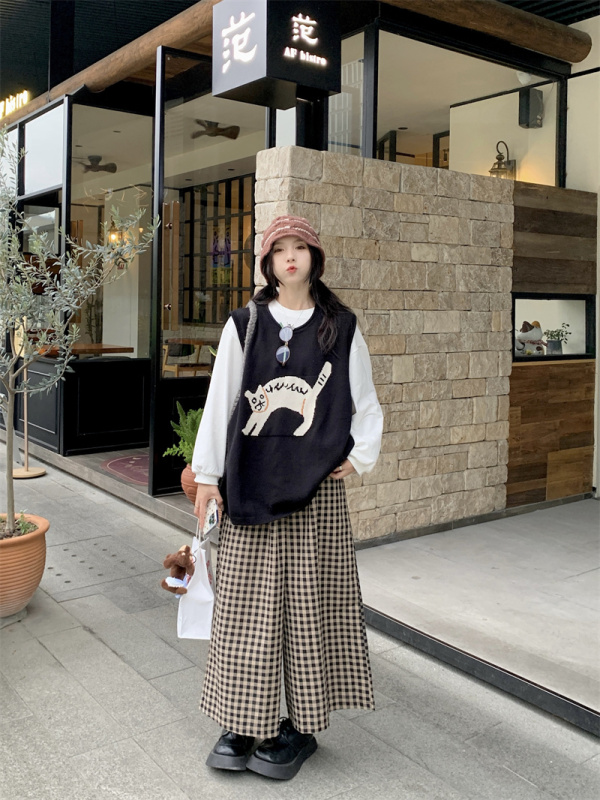 Retro knitted kitten vest + long sleeve T + pants