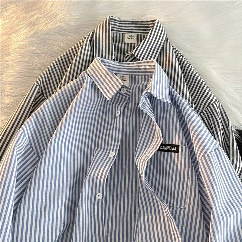 Korean style loose striped long-sleeved shirt men's inner top trendy INS couple casual shirt