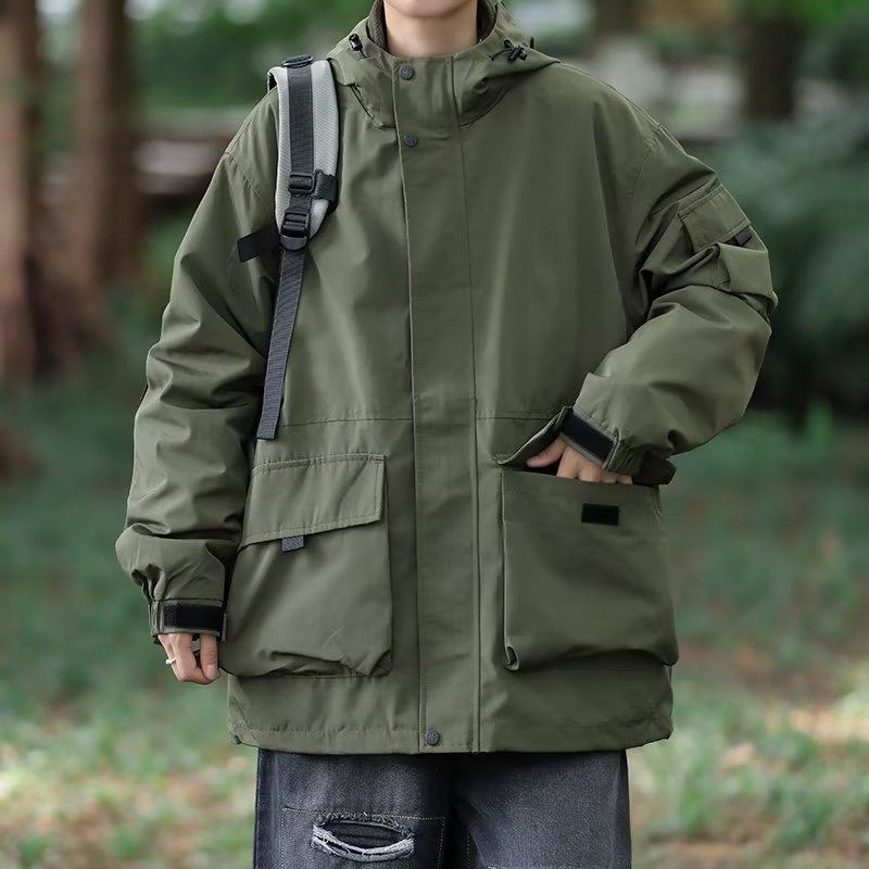 High street American style work jacket waterproof and windproof jacket for men spring and autumn loose ins trend hooded cardigan jacket