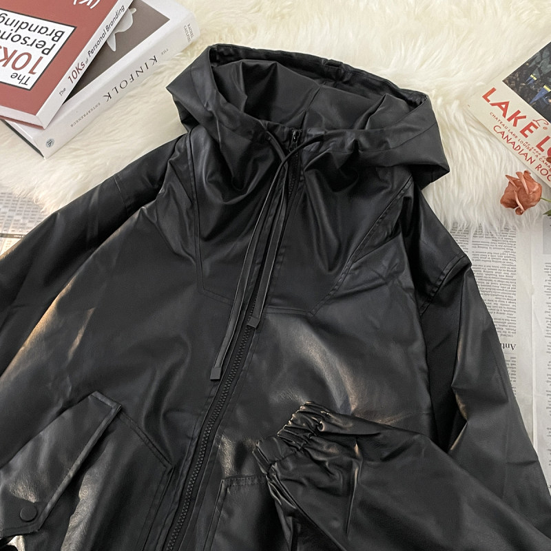 New Hong Kong style American style ins trendy brand handsome hooded leather jacket