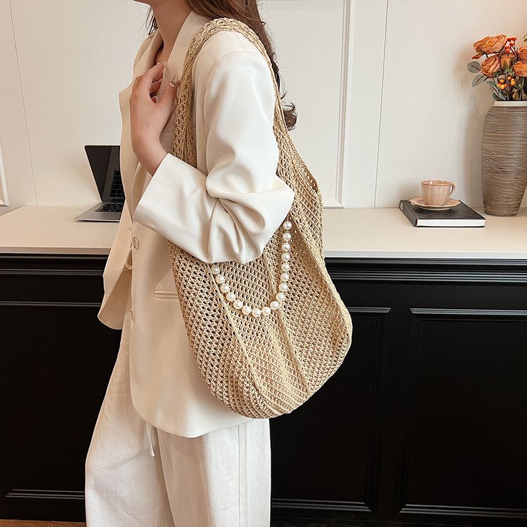 New Korean style woven women's bag, fashion trend knitted handbag, retro hollow shoulder bag, beaded women's bag