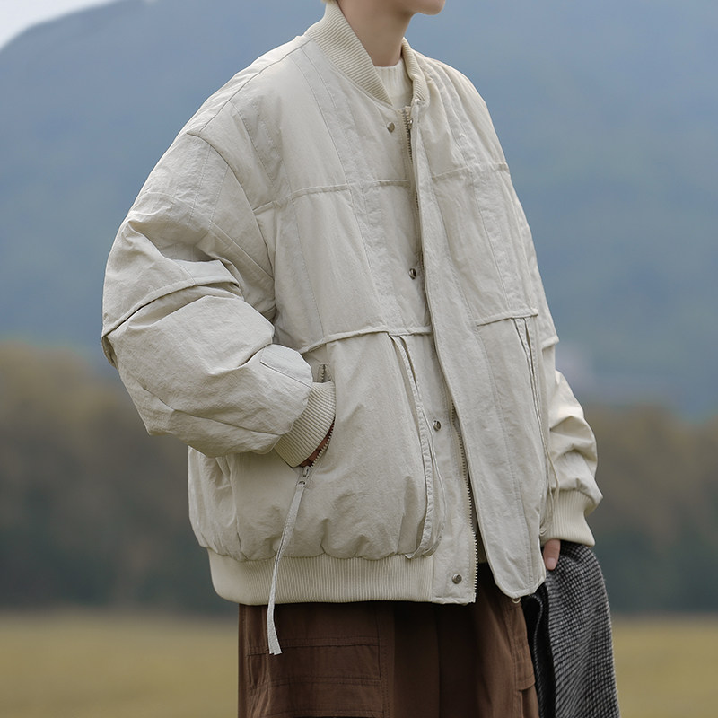 Trendy brand solid color splicing down jacket men's winter street loose thickened baseball uniform warm jacket