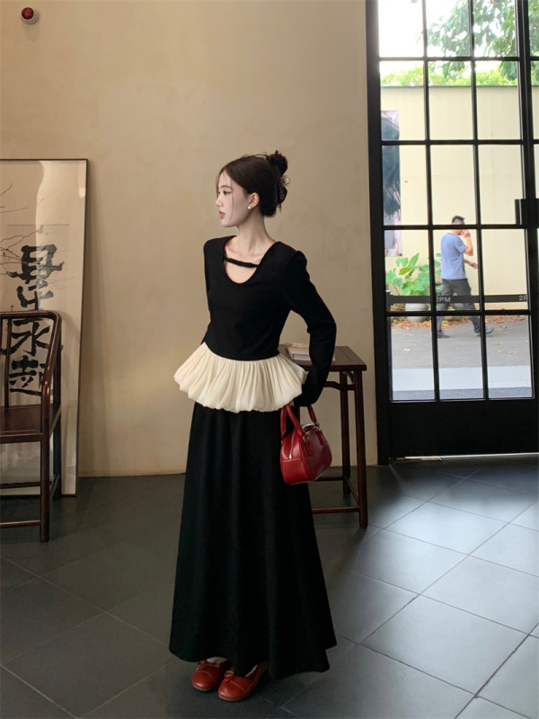 French sweet bow stitched ruffled long sleeves + autumn high-waisted loose skirt suit