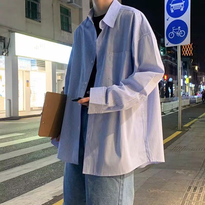 Classic casual loose Japanese vertical striped long-sleeved spring and autumn new Korean style trendy shirt