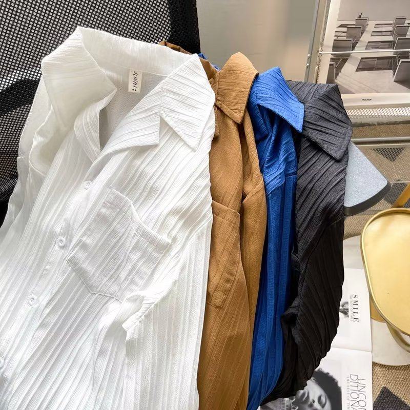 New shirt trendy lazy men's square collar pit striped Cuban collar shirt