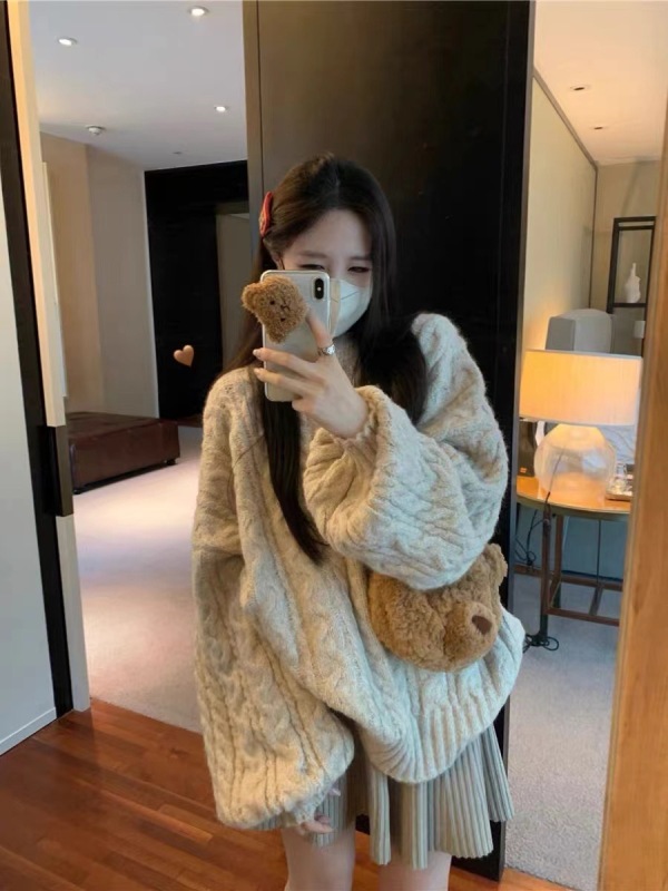 Lazy style twist sweater cardigan for women in autumn loose, soft and waxy warm and versatile fashionable knitted top