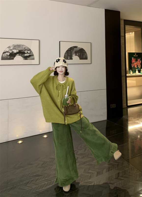 Autumn and winter sweater cardigan + Japanese lace corduroy wide-leg pants