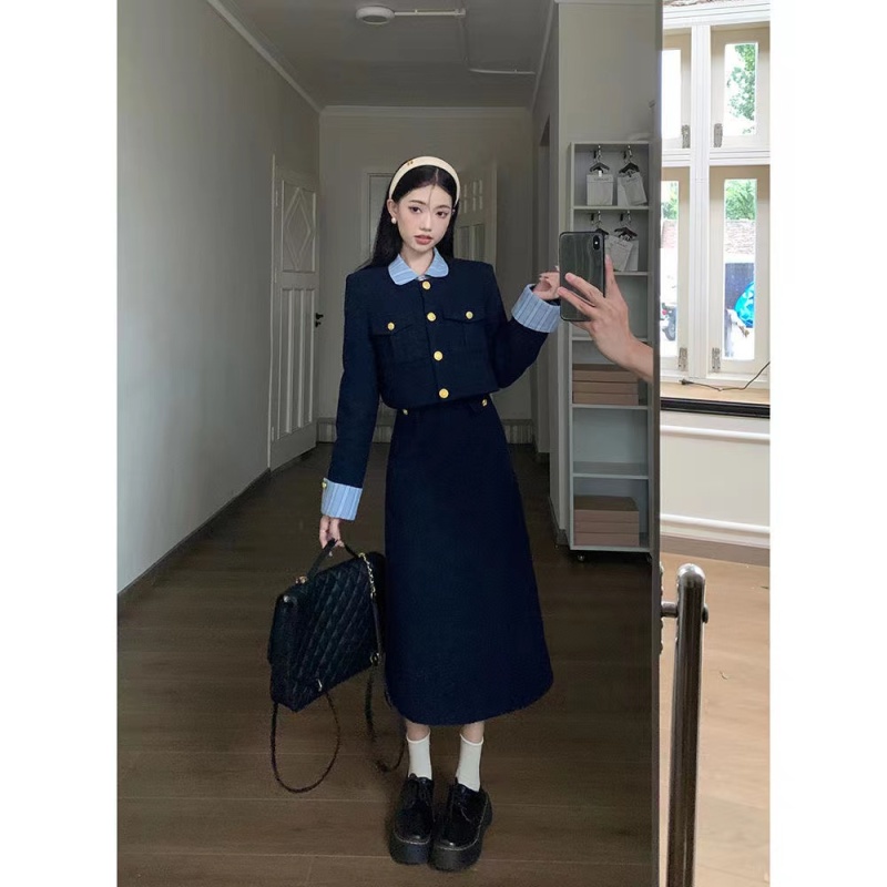 French style long-sleeved coat striped splicing dress women's autumn and winter new fashion two-piece set