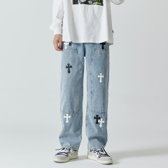 Autumn new fashion trend straight-leg spliced ​​jeans men's trousers versatile