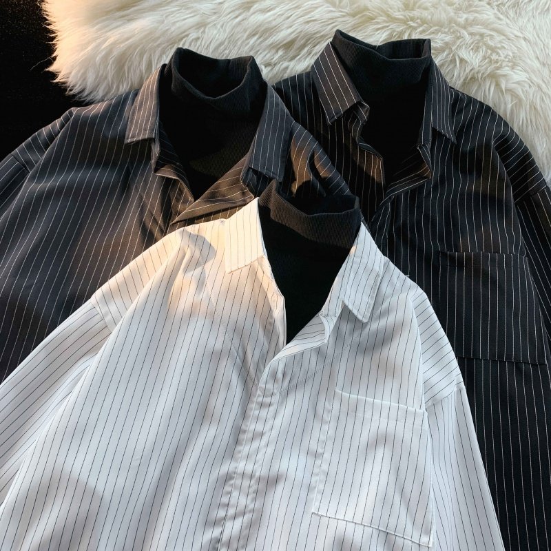Striped high collar fake two-piece long-sleeved shirt for men Hong Kong style versatile casual shirt jacket
