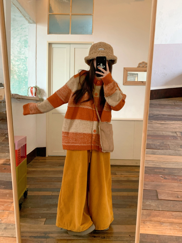 Japanese lazy retro striped design loose sweater corduroy wide-leg pants