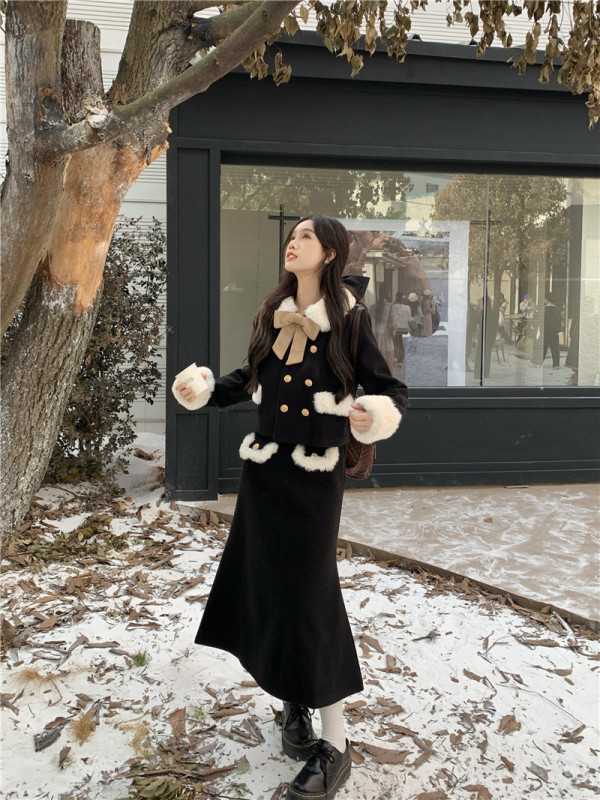 Autumn and winter French style long skirt, light luxury and fashionable temperament, rich plutocratic quilted woolen suit