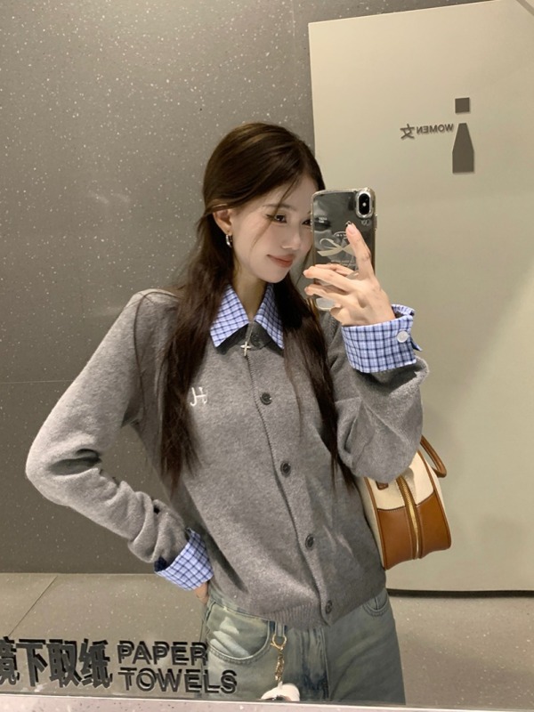 Plaid patchwork collar knitted embroidered H single-breasted cardigan sweater