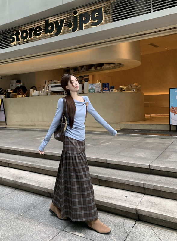 Autumn design big button oblique shoulder pleated slimming long-sleeved T-shirt + plaid skirt