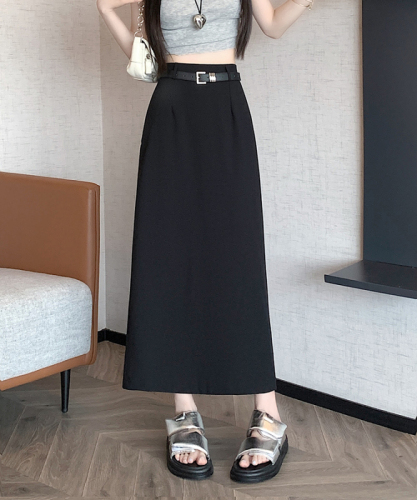 Free belt drape suit, skin-friendly slit one-step skirt, casual elastic waist, A-line long skirt, slightly elastic and simple