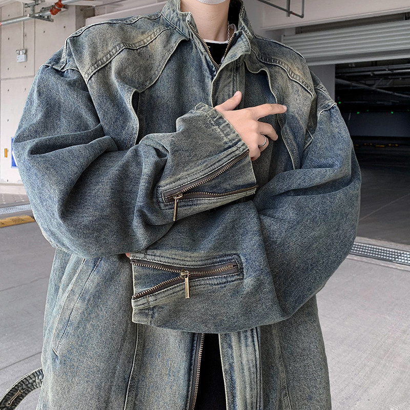 American retro loose yellow mud distressed stand collar denim jacket for men trendy casual autumn and winter zipper jacket for men