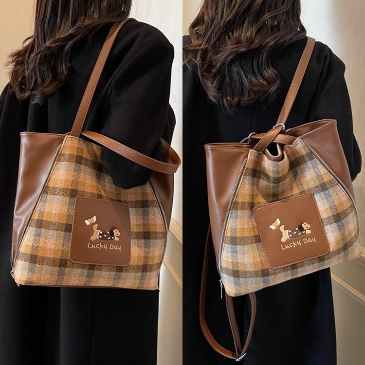Large-capacity multi-purpose backpack women's 2024 new woolen plaid tote bag cartoon puppy commuter handbag