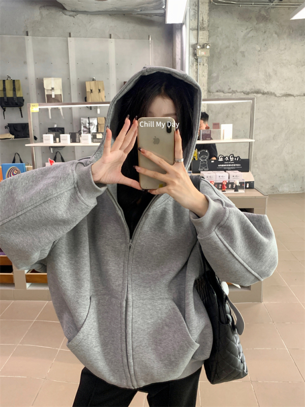 Lazy gray hooded stand-collar off-shoulder sweatshirt for women