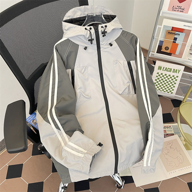 Spring Men's Hooded Jacket Workwear Large Pocket Striped Color Block Jacket