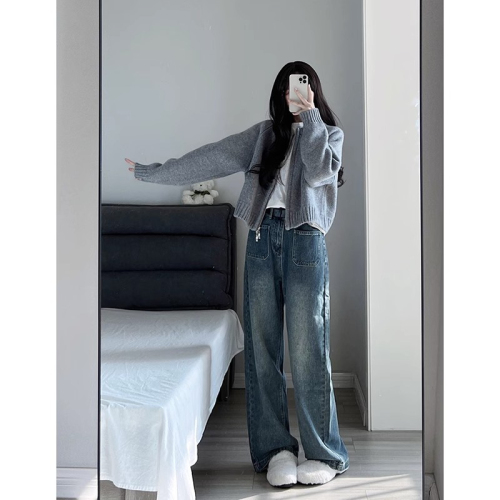 Gray short sweater jacket women's early autumn new loose thick zipper cardigan long-sleeved knitted top