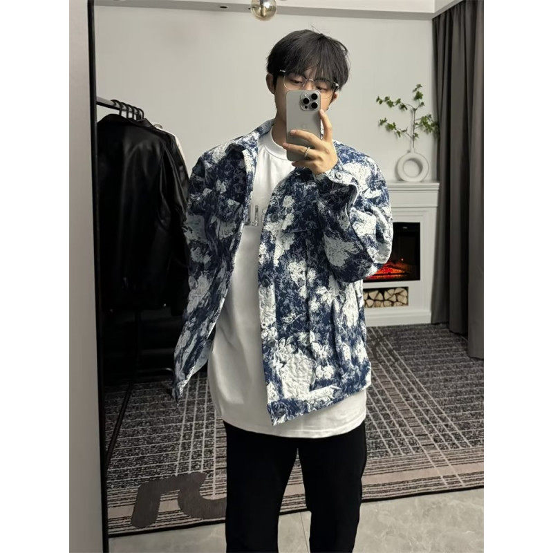 Autumn trendy high street full body relief oil painting texture loose lapel jacket men's INS casual