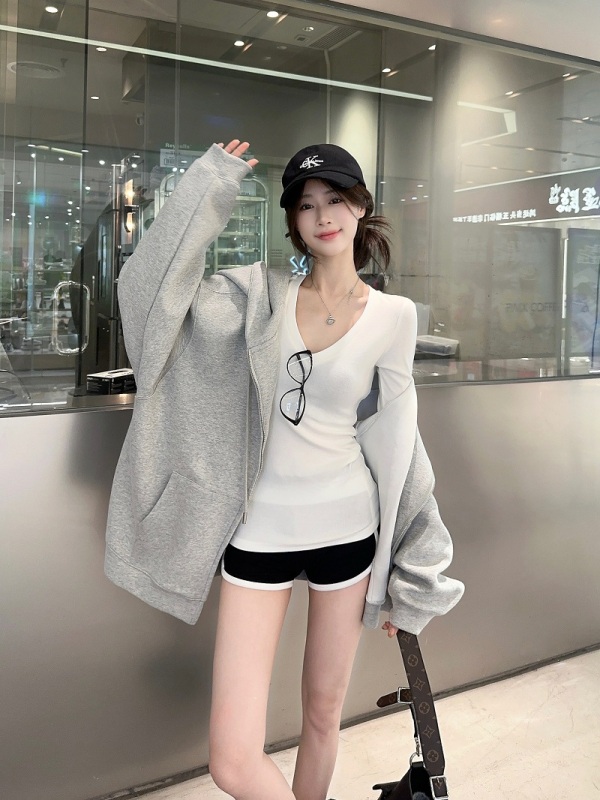 Hooded sweatshirt jacket gray cardigan for women spring and autumn casual loose Korean style lazy style