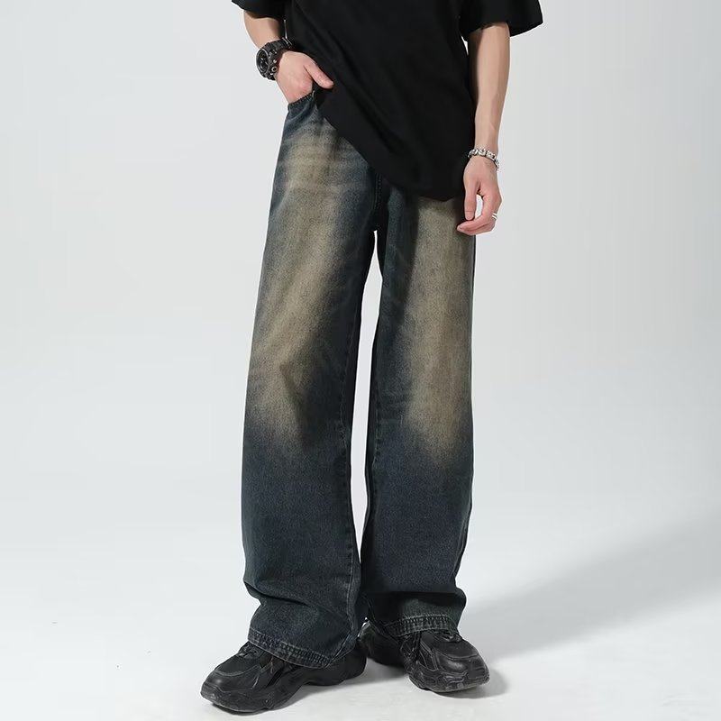 American yellowing jeans men's spring and autumn straight leg loose trendy brand high street ins casual retro distressed washed pants