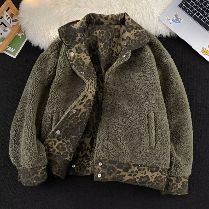 Winter fashion brand retro distressed leopard print grain velvet stitching contrasting color reversible cotton thick coat for men