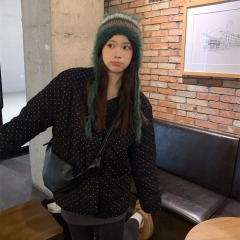 Korean girly rhombus polka dot cotton coat for women, loose, slim, warm and thickened v-neck jacket for winter