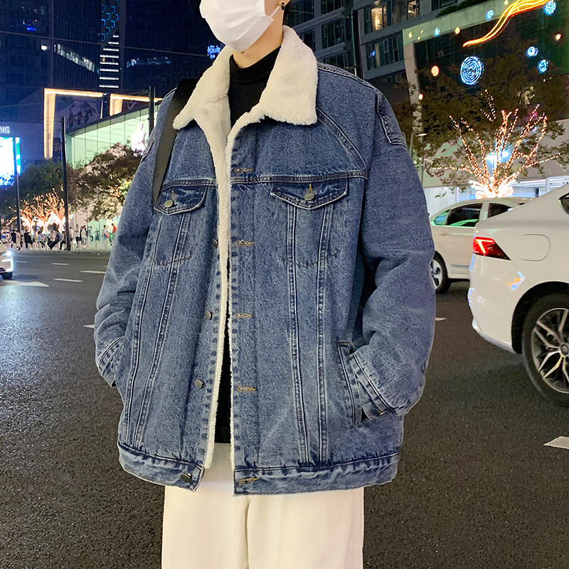 Autumn and winter new Hong Kong style vibe trendy brand plus velvet warm lapel denim jacket
