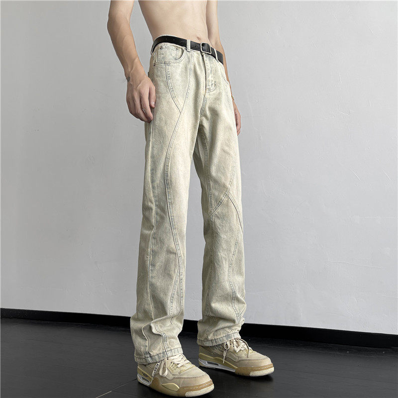 American retro vibe pants high street fashion brand washed yellow mud-dyed jeans men's straight trousers