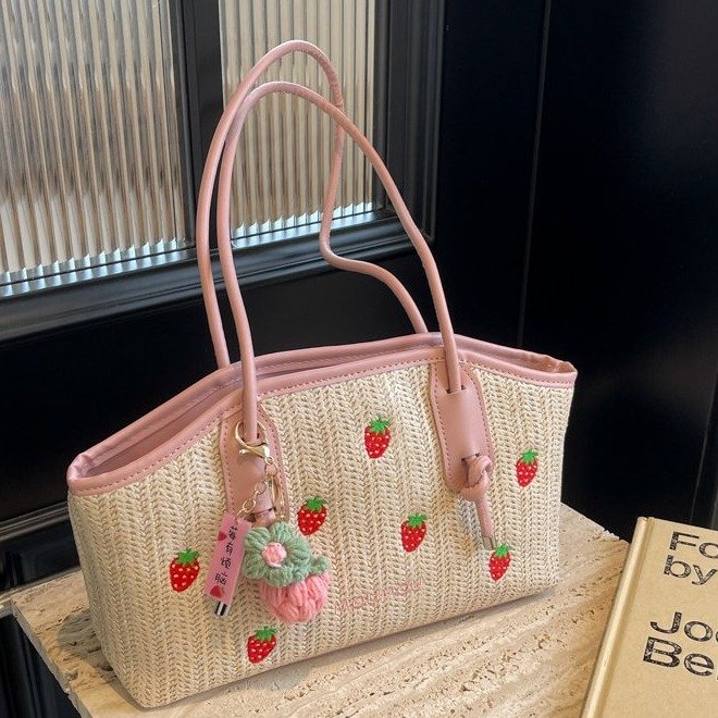 2024 New Straw Bag Small Fresh Fruit Embroidery Trendy Tote Bag Seaside Vacation Casual Shoulder Underarm Bag