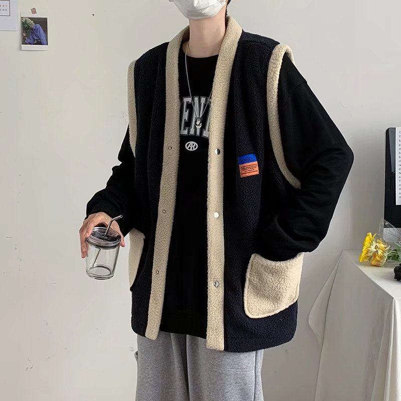 Hong Kong style grain velvet lamb wool thickened autumn and winter vest cotton vest workwear sleeveless jacket jacket