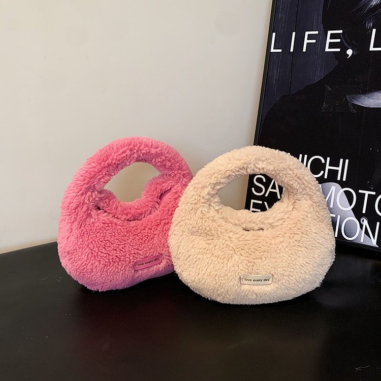 Japanese and Korean autumn and winter new plush handbag imitation wool women's small round bag logo shoulder strap cross-body Internet celebrity dumpling bag
