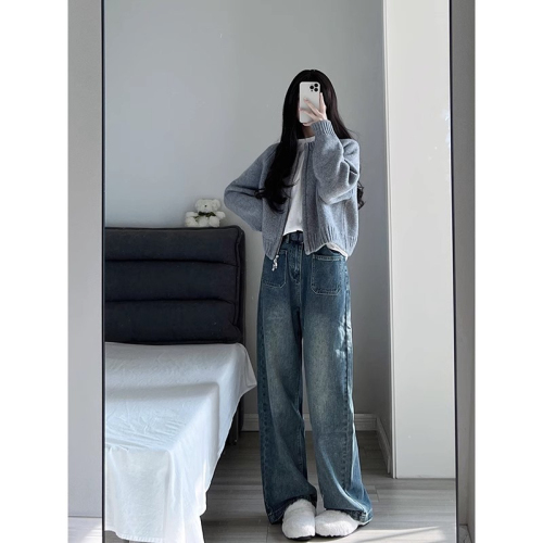 Gray short sweater jacket women's early autumn new loose thick zipper cardigan long-sleeved knitted top