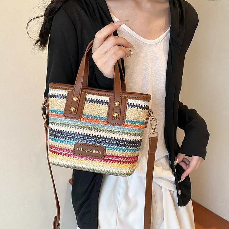 Summer fashion portable women's bag straw woven contrasting color versatile bucket bag simple popular armpit bag crossbody bag