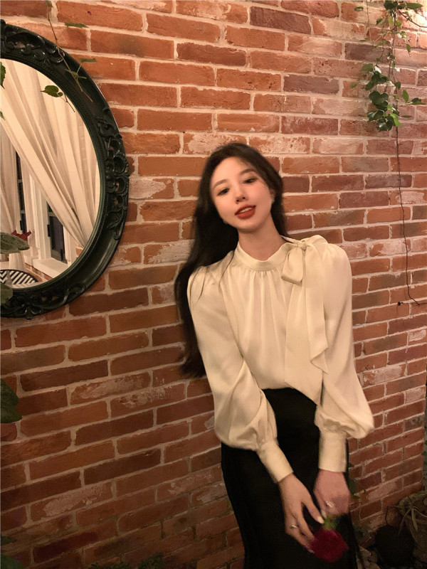 The elegant white swan looks good in a lady's fashionable satin versatile long-sleeved white shirt top