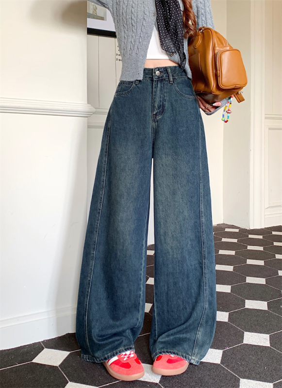 American Retro Washed Jeans Women's High Waist Slim Scimitar Design Wide Leg Floor-Mopping Trousers